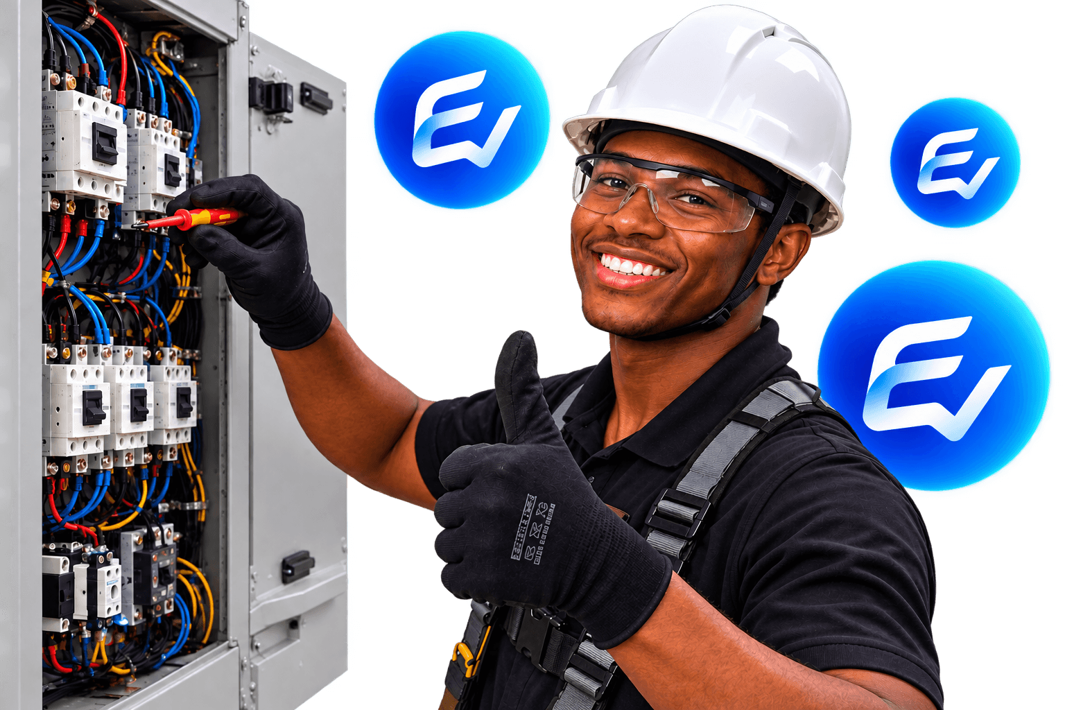 Eletricista em manutenção de um quadro elétrico