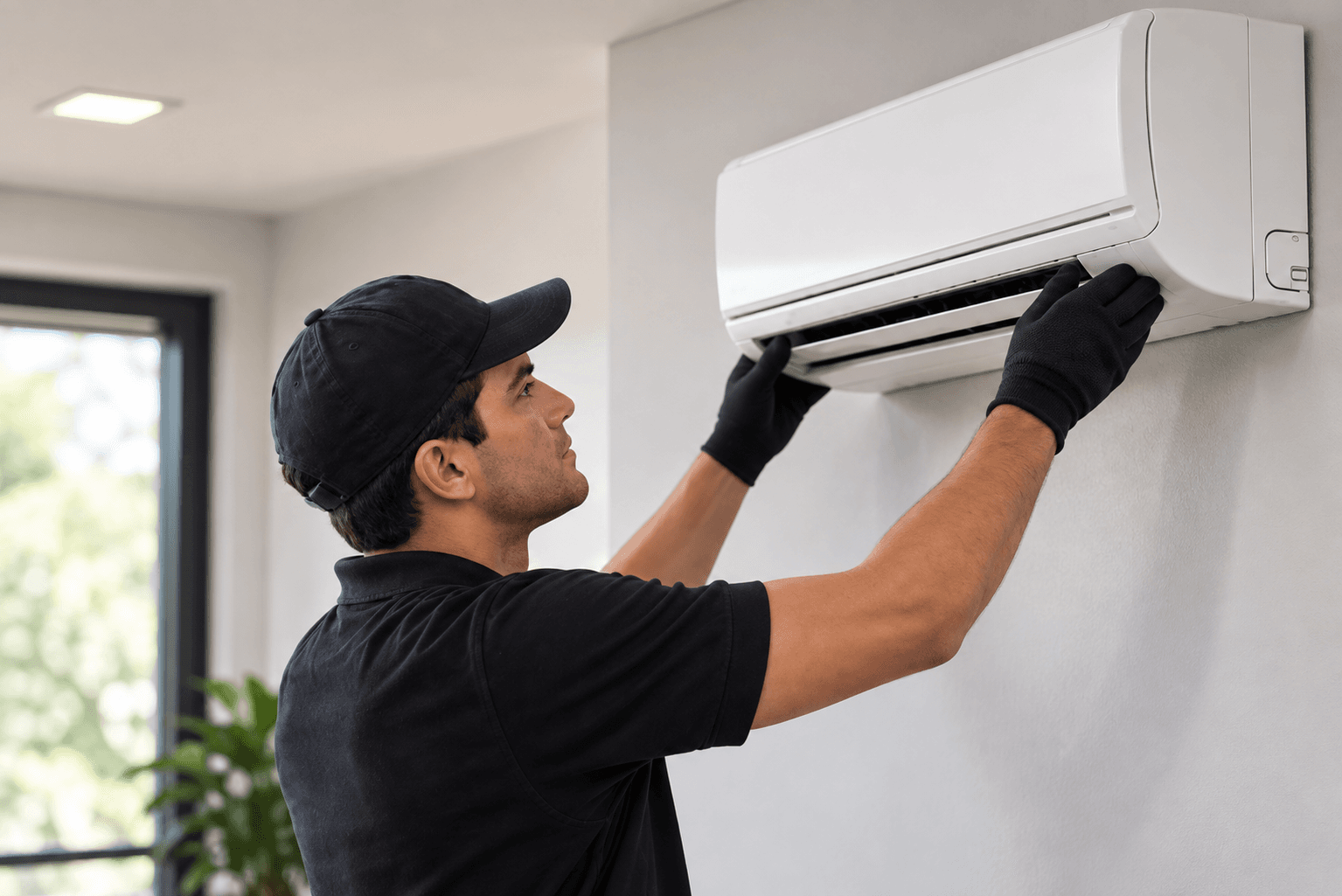 Técnico realizando manutenção em climatização