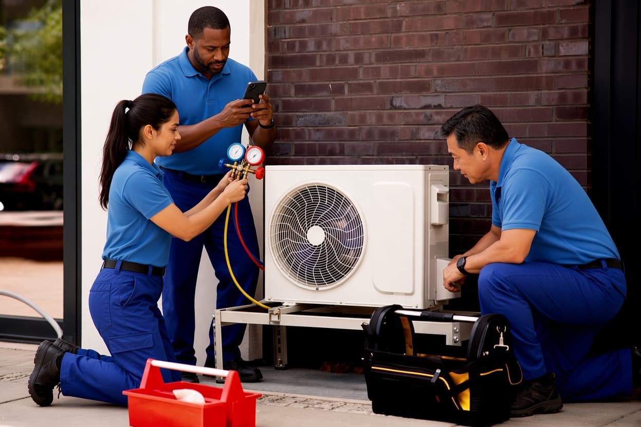 Equipe técnica realizando manutenção de climatização